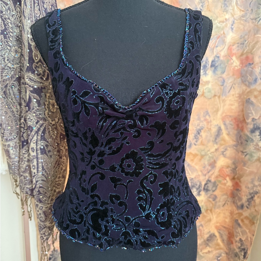 Cache Dark Blue Velvet Sleeveless Top